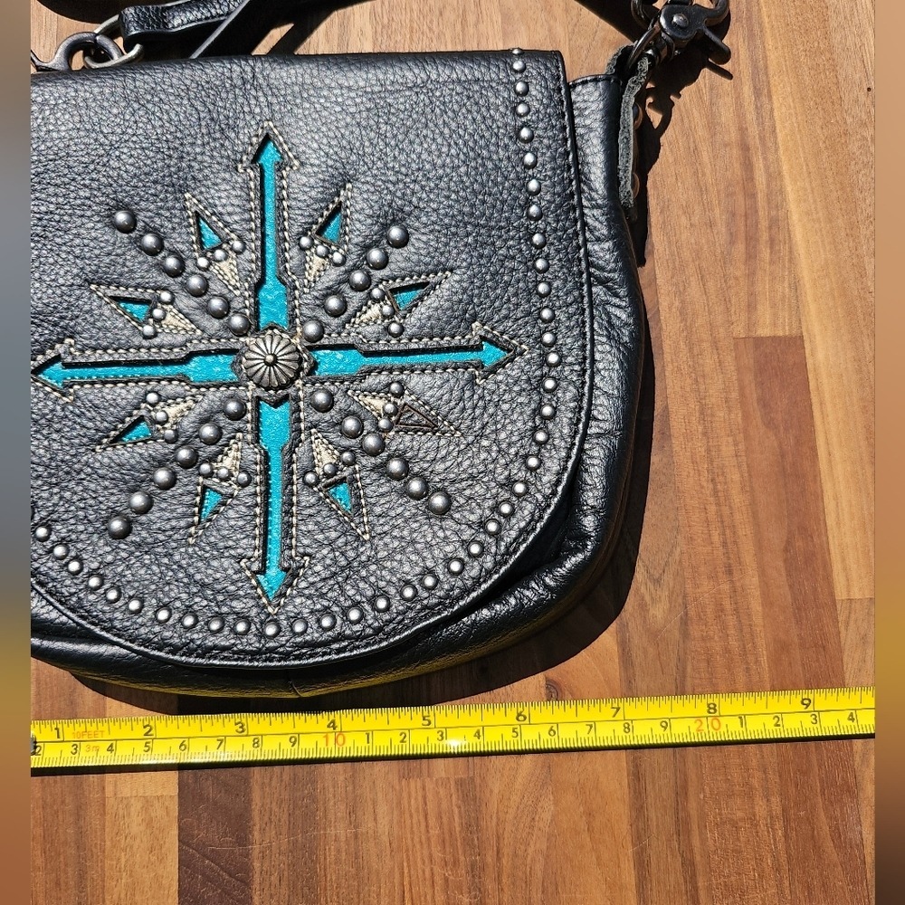 Black and Blue Embellished Studded Western Women's Crossbody Leather Bag Details - Picture 8 of 14